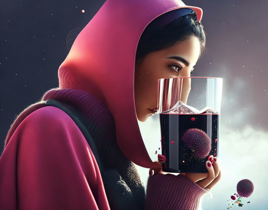 Digital illustration: Woman in pink hijab with cosmic drink and galaxies on starry backdrop.