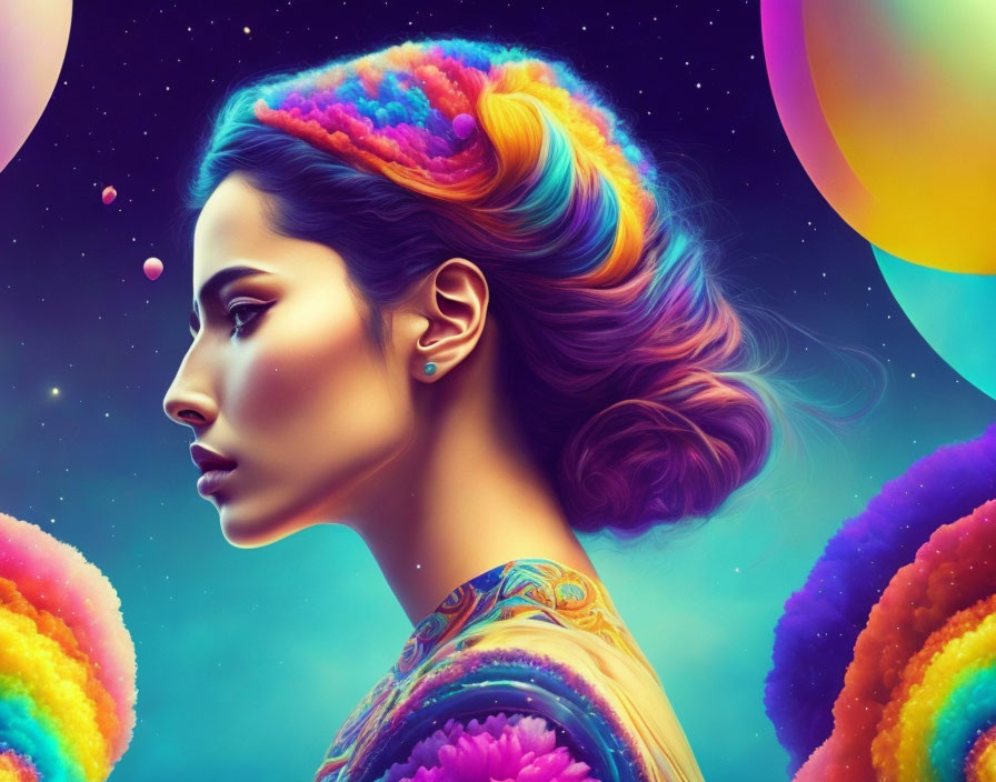 Colorful Hair Woman Artwork Against Cosmic Background