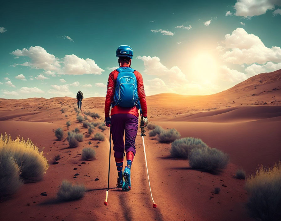 Skier in Blue Helmet Crosses Desert Sand Dunes