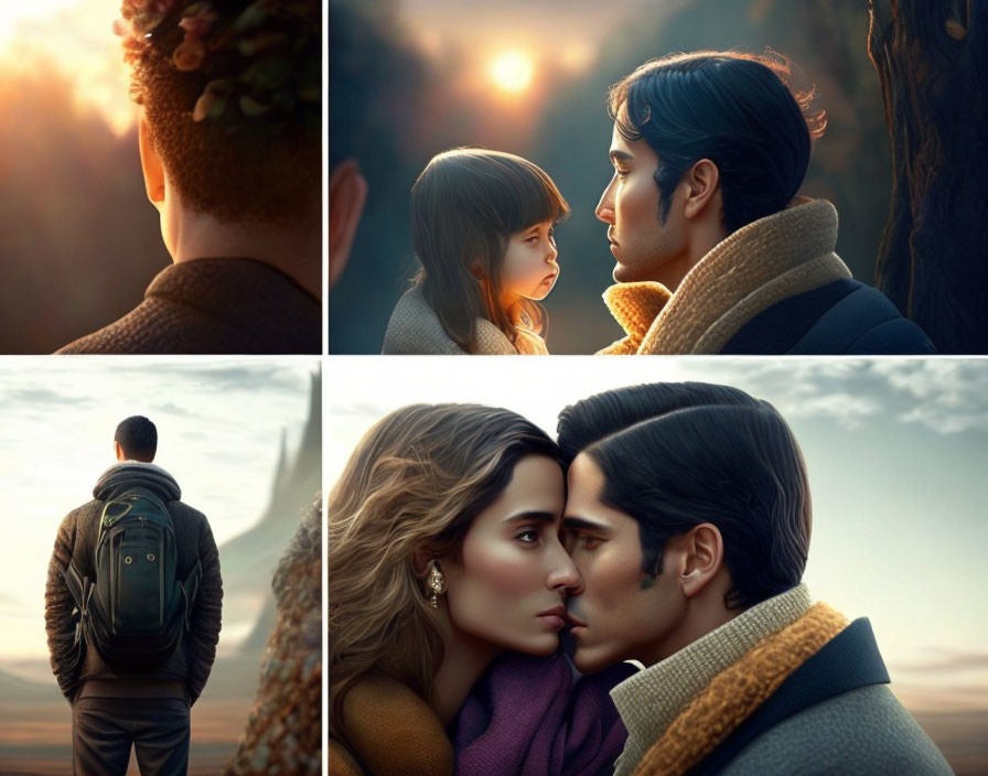 Three Romantic Scenes: Man Watching Sunset, Close-Up Interaction, About to Kiss