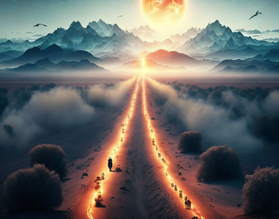 Surreal desert landscape with fiery path, mountains, and birds