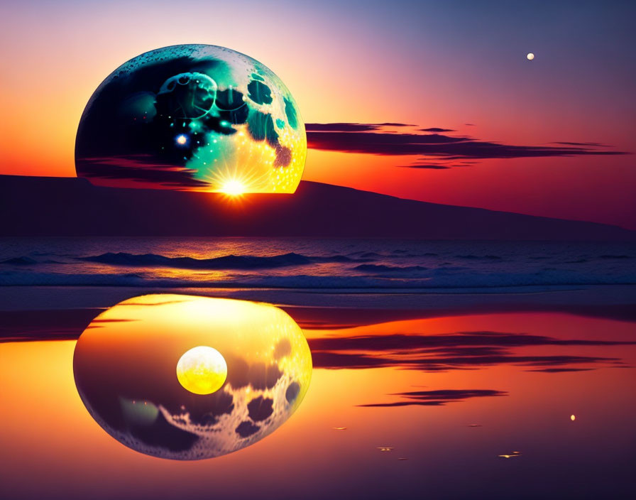 Surreal sunset beach scene with large planet reflection