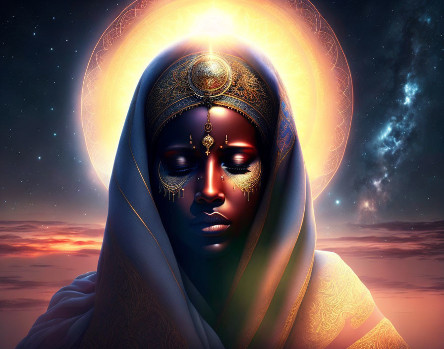 Mystical portrait of a person with ornate head jewelry against cosmic backdrop