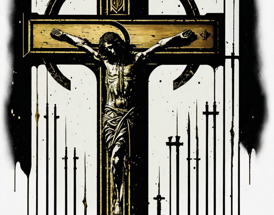 Monochrome Jesus on the cross with stylized paint drips