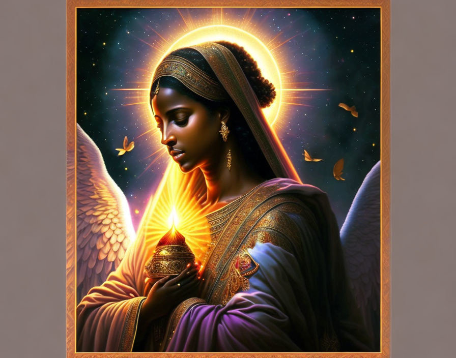 Traditional Indian attire woman with lamp, wings, halo, cosmic background