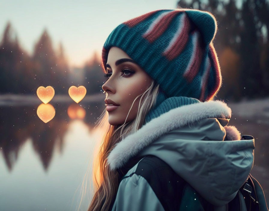 Woman in Striped Beanie with Heart-shaped Bokeh by Tranquil Lake at Twilight