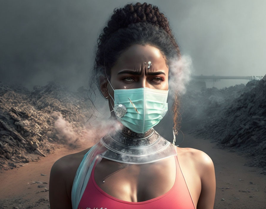 Futuristic mask woman in concerned pose against bleak landscape