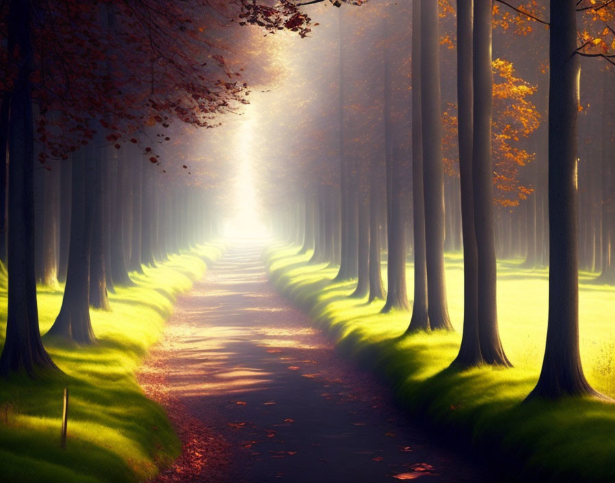 Sunlit Forest Path with Tall Trees and Golden Leaves