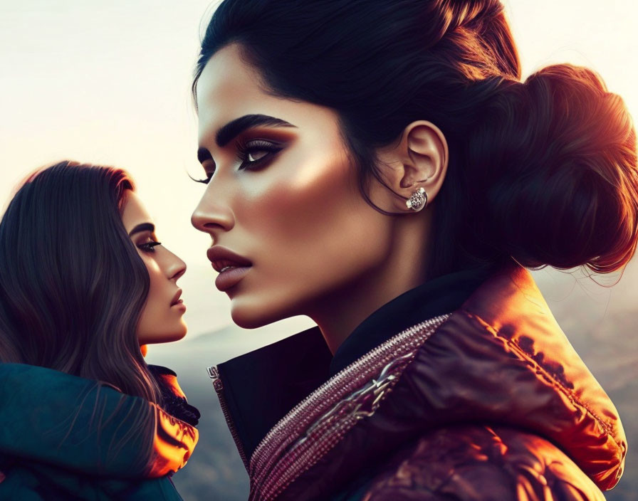 Styled hair and makeup on two women in sunset backdrop