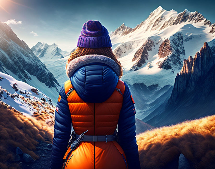 Person in Orange Jacket Stands Before Snowy Mountains