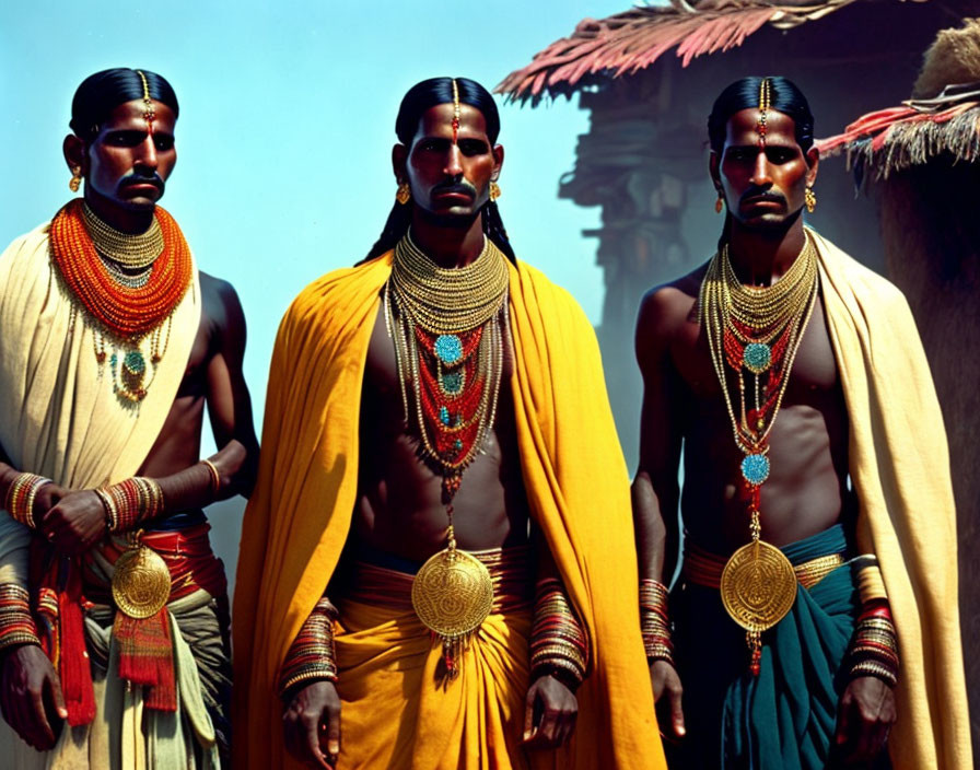 Traditional Indian jewelry and attire on three men against blue sky.