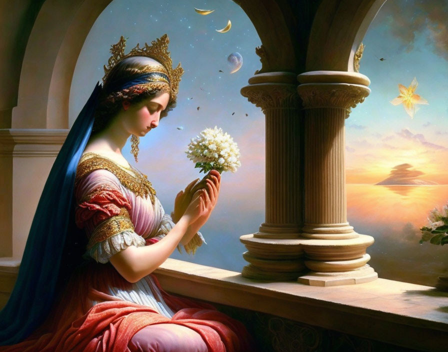 Historical attire woman painting with flowers and fantasy backdrop.