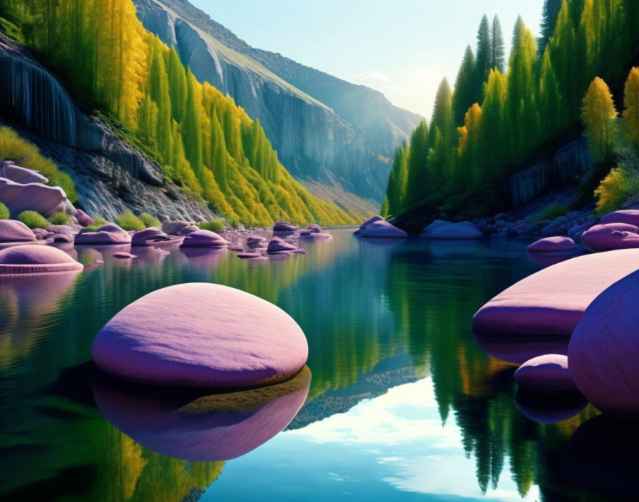 Tranquil River Scene with Pink Stones and Green Trees