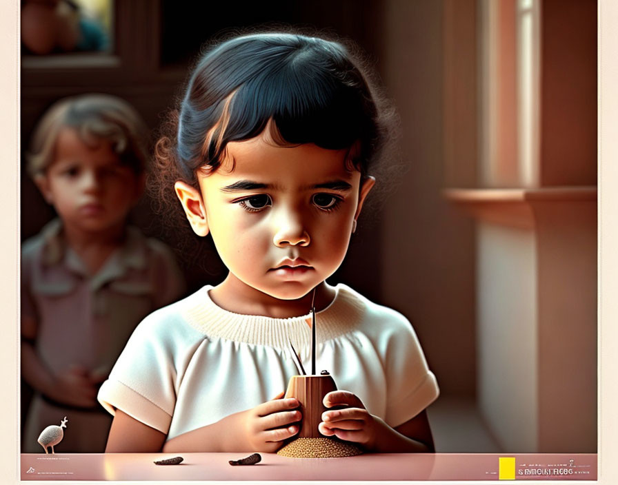 Young girl holding seeds with bird and child in warmly lit room