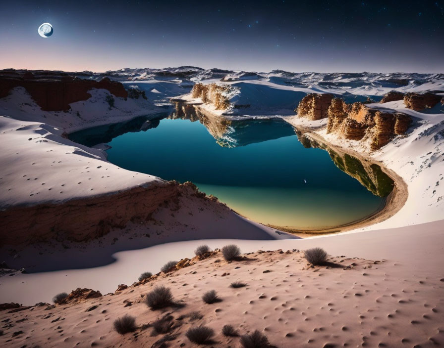 Moonlit Lake Surrounded by Snowy Desert Dunes and Cliffs