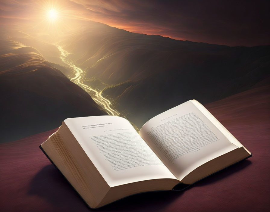 Glowing open book illuminates dramatic landscape at sunset