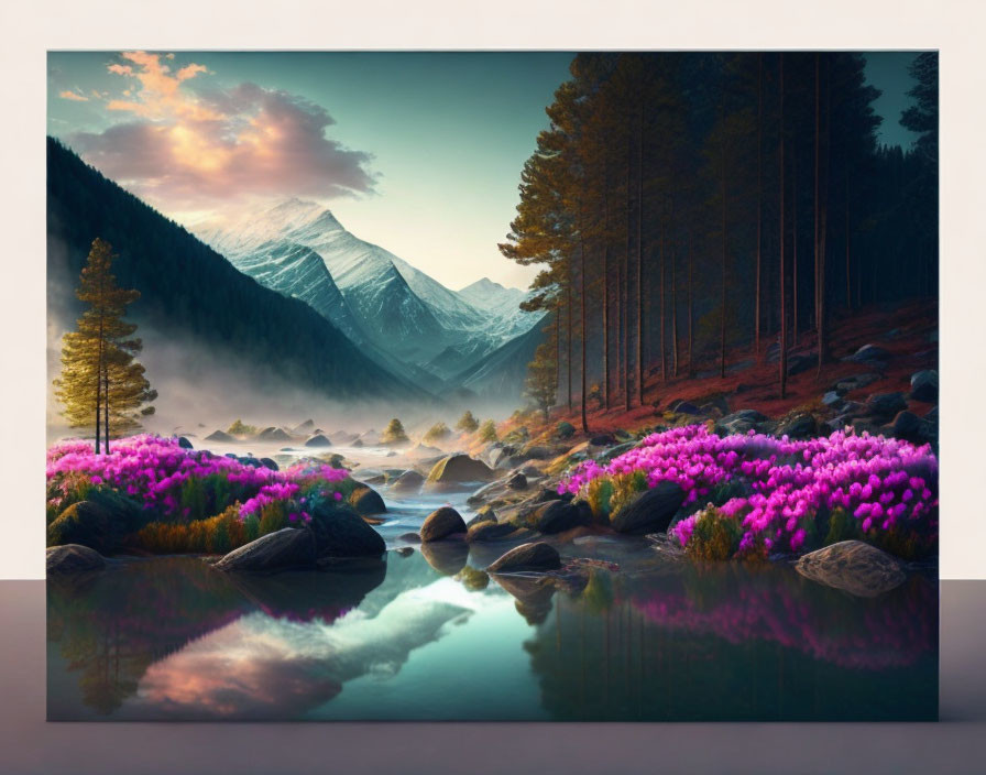 Snow-capped mountains reflected in river at sunset with trees, flowers, rocks, and mist