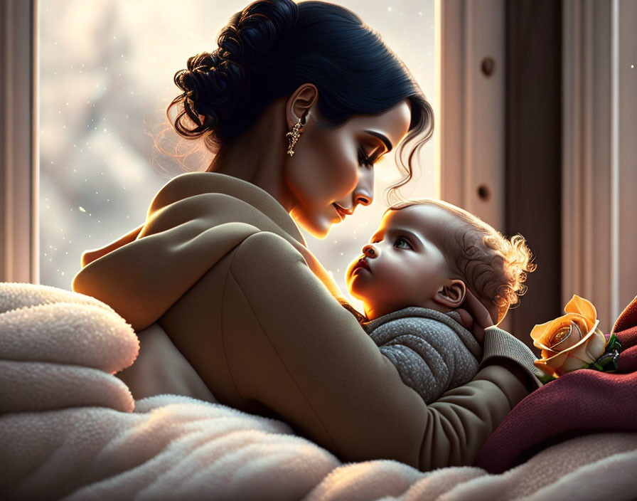 Stylized animated woman holding baby by window in warm light