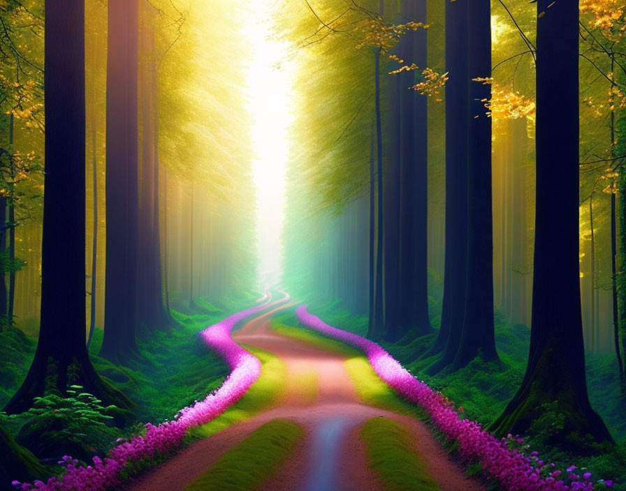 Winding forest path with purple flowers and tall trees