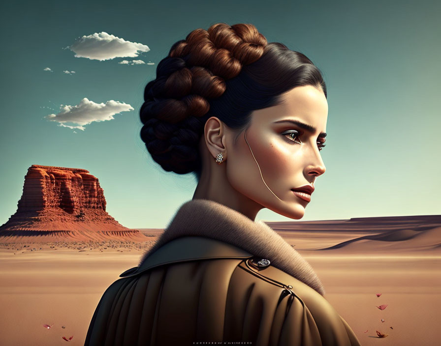 Digital portrait of woman with braided hair in desert landscape.