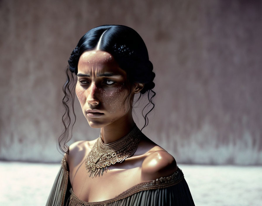 Dark-Haired Woman with Ornate Jewelry and Shimmering Freckles