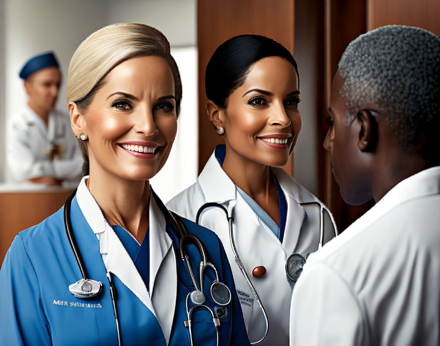 Female healthcare professionals in scrubs with stethoscopes talking to male colleague, another person blurred.