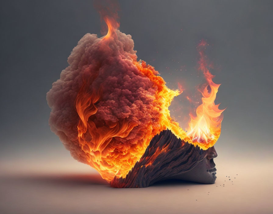 Surreal human head with burning log-like feature and vibrant flames