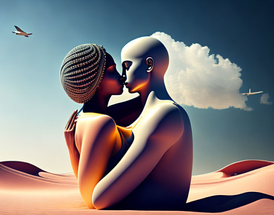 Stylized figures kissing in desert with planes and birds