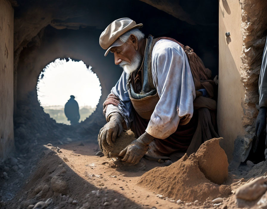 Elderly man with white beard shapes sand in dimly lit tunnel