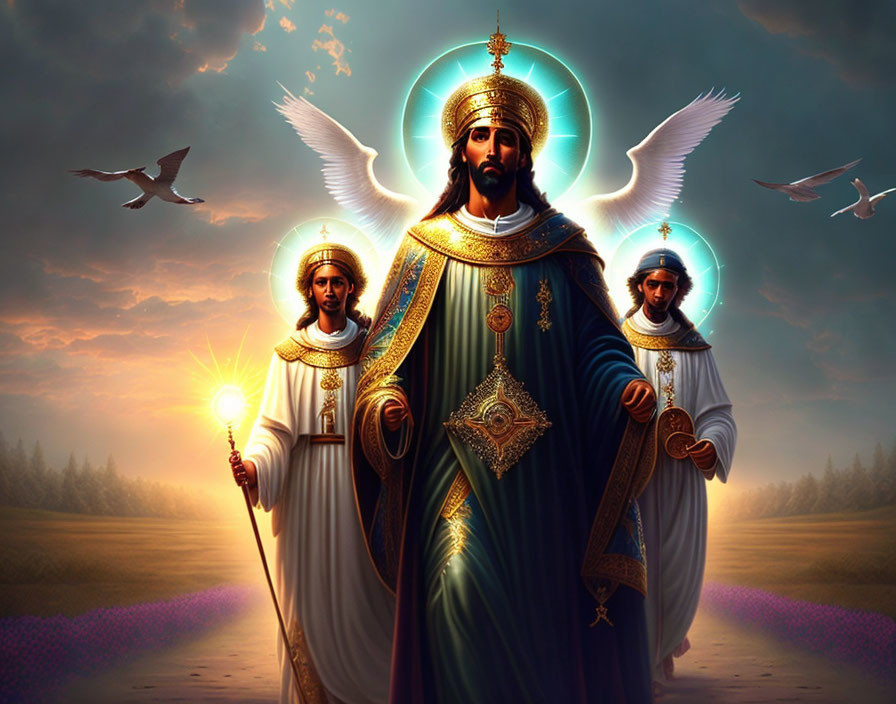 Serene field scene with three angelic figures at sunrise