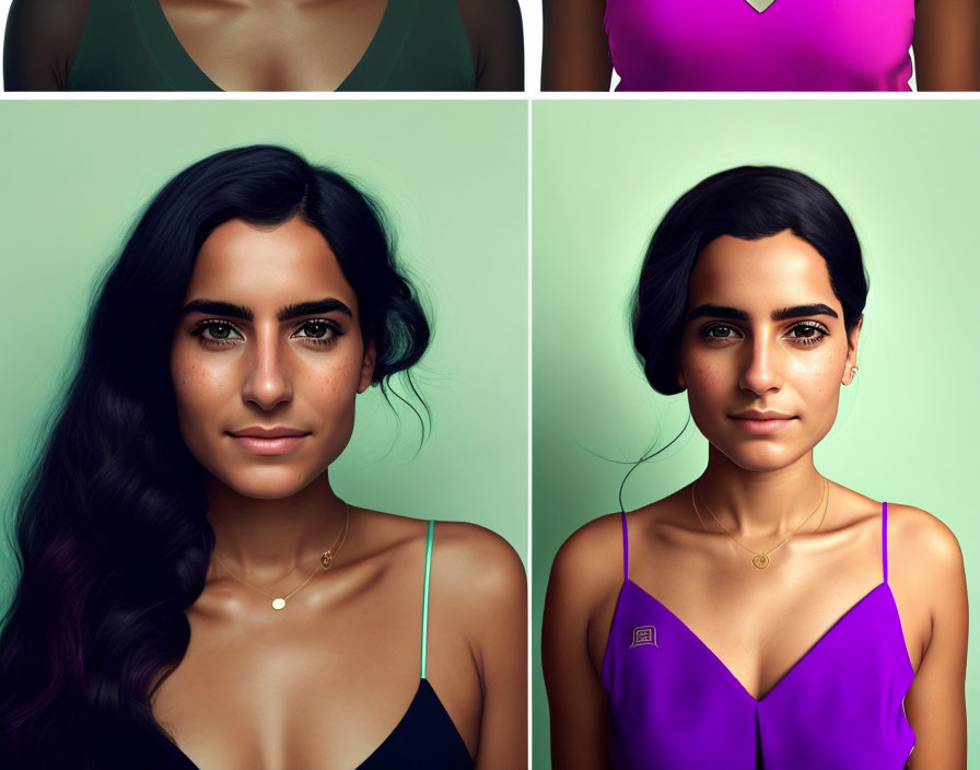 Split Image: Woman with Two Hairstyles & Outfits on Green Backdrop