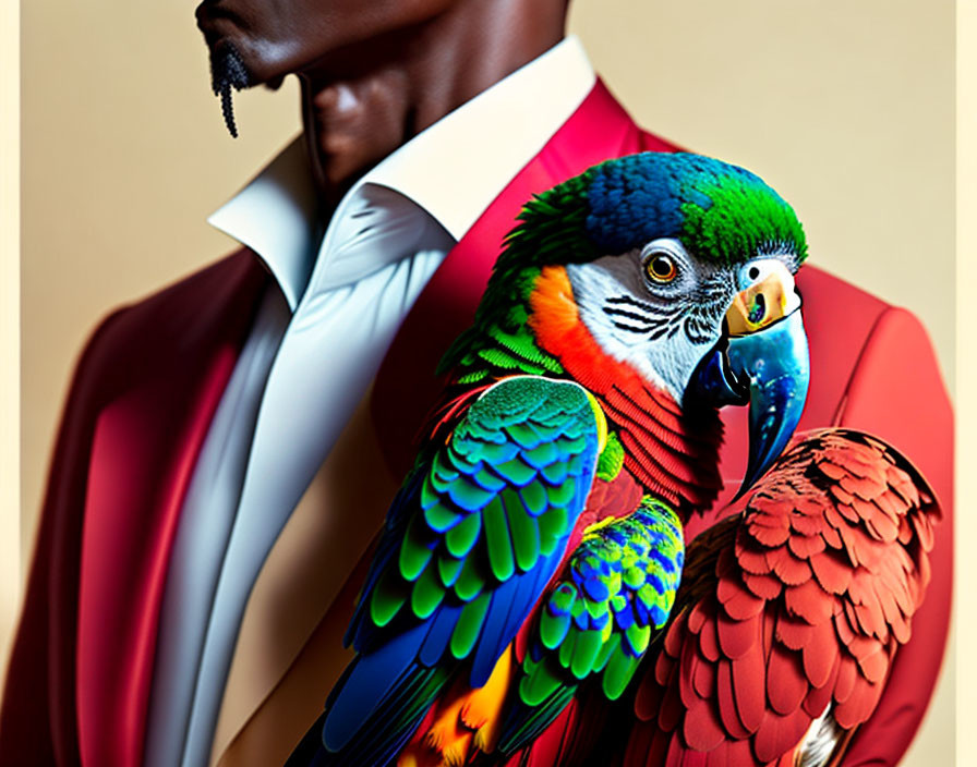 Colorful Parrot on Person's Shoulder in Red and White Suit on Beige Background