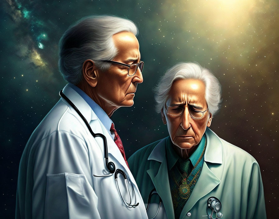 Two older male doctors in white coats with stethoscopes against starry night sky