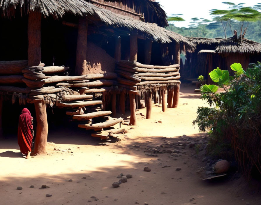 Person in red cloak strolls by thatched-roof huts in African village