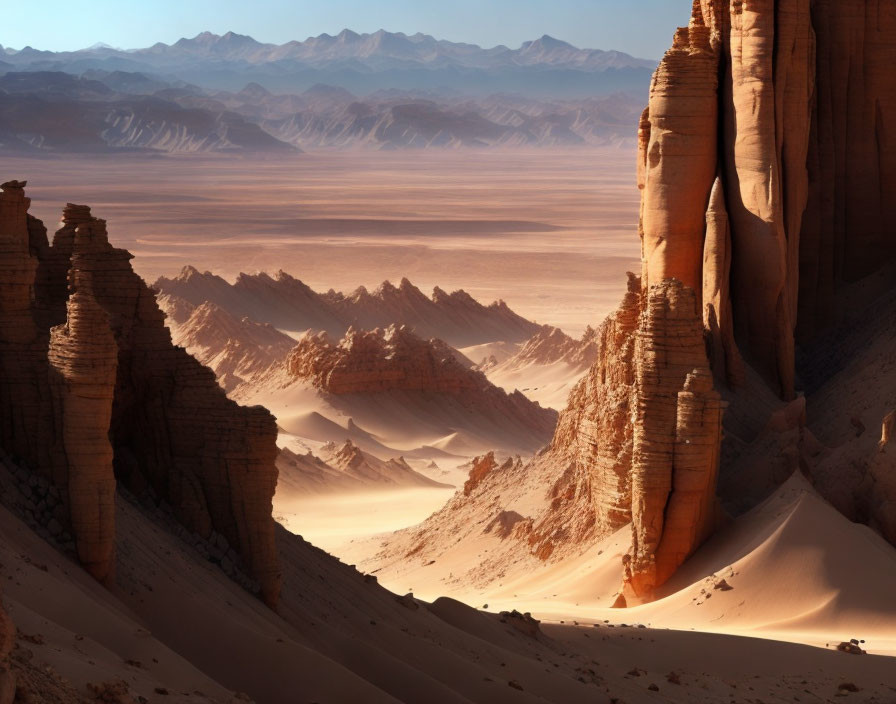 Sandstone formations and desert landscape under warm light