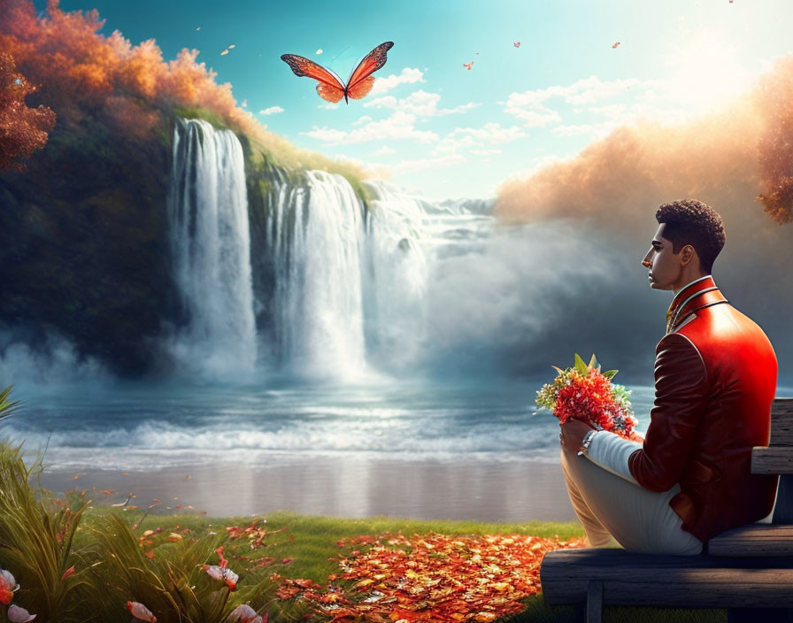 Man sitting on bench with flowers, admiring majestic waterfall in lush natural setting