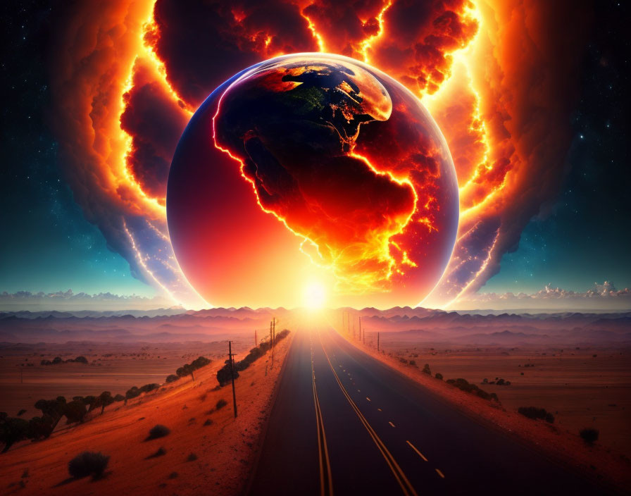 Surreal image of burning Earth over desert highway