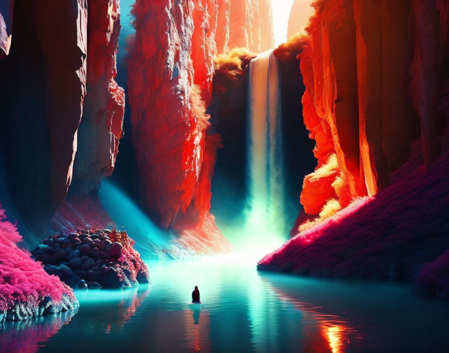 Vibrant canyon scene with person in boat, waterfall, and glowing light