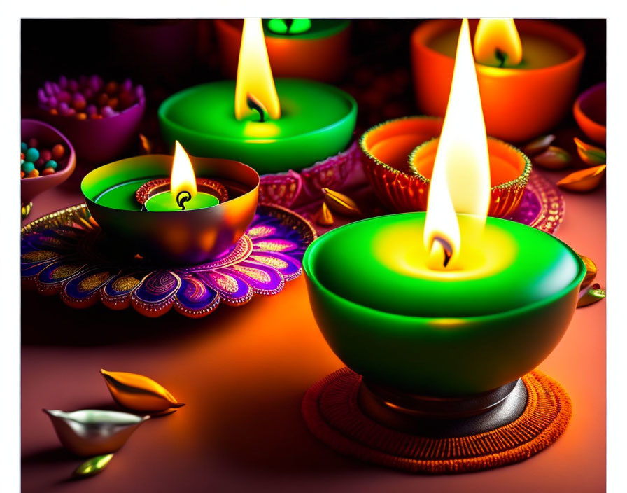 Vibrant Diyas and Colorful Beads Displayed Together