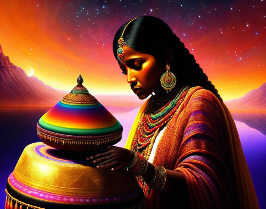 Traditional Indian Attire Woman with Vibrant Pot in Surreal Sunset