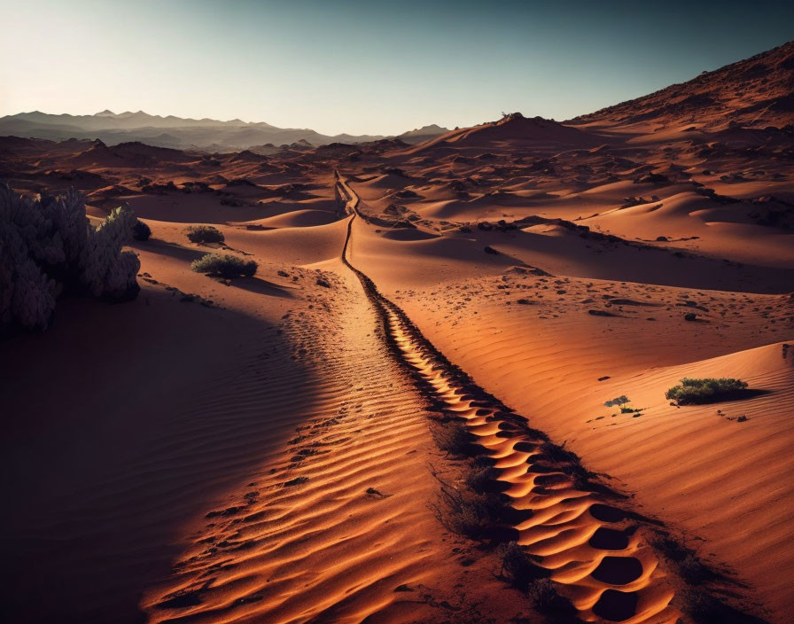 Sunset desert landscape with footprints and tire tracks in dunes