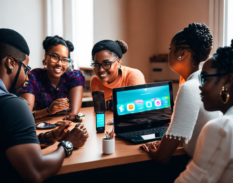 Young adults at table with laptops and smartphones showing social media icons