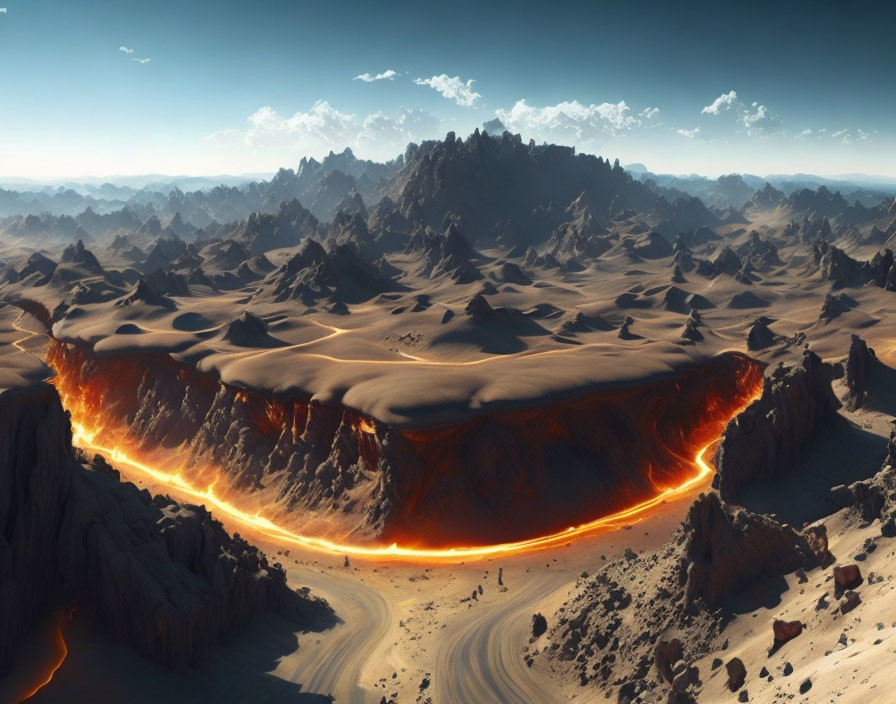 Dramatic desert landscape with glowing lava river