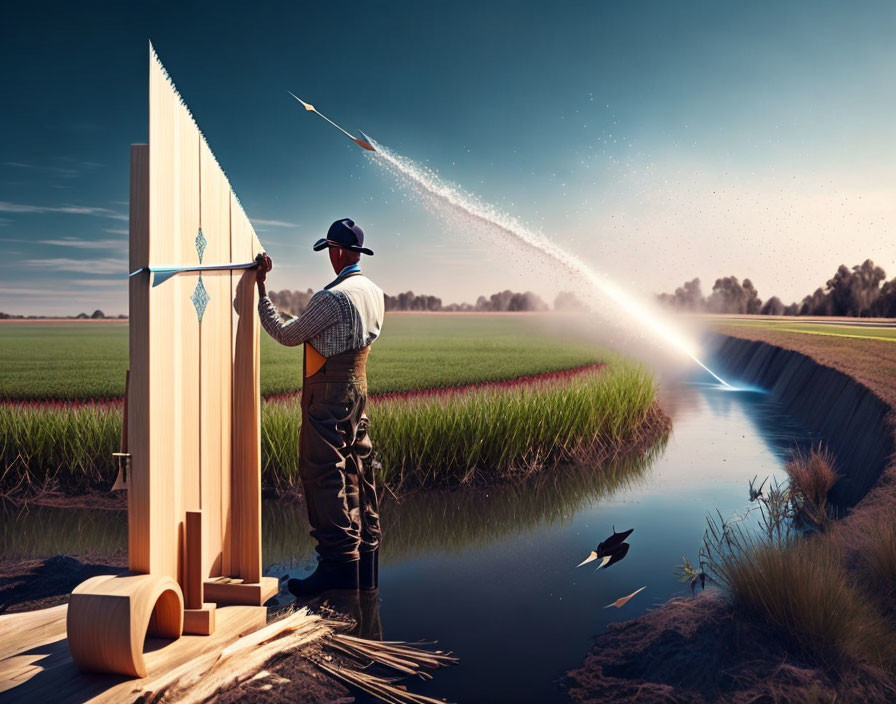 Man in hat painting door in surreal countryside setting