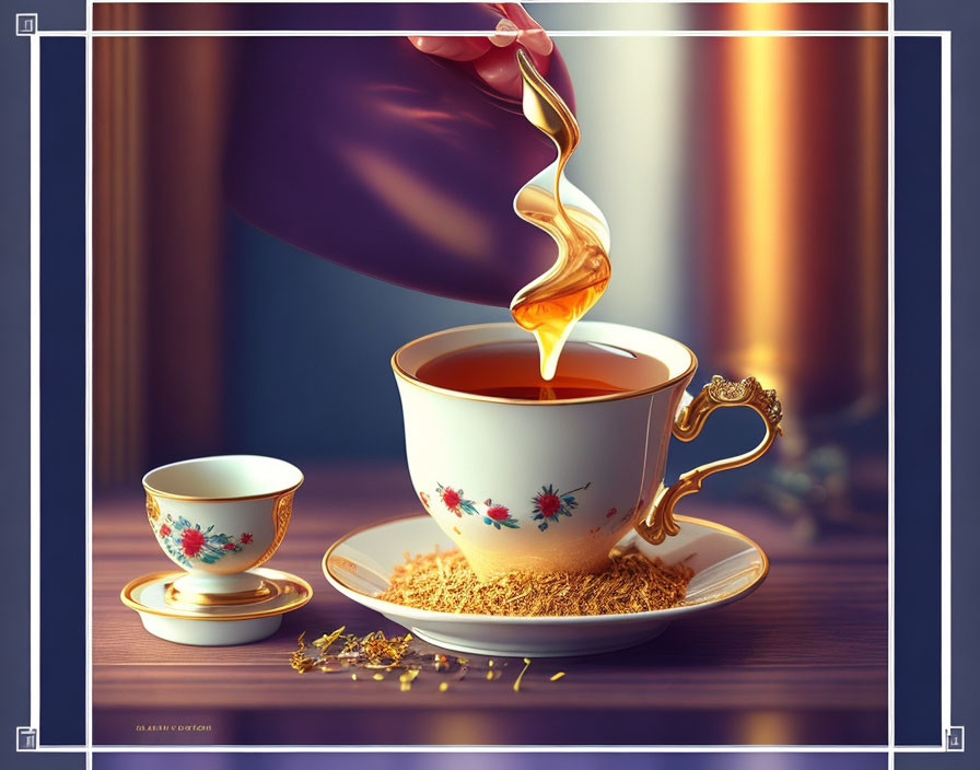 Hand pouring tea into ornate cup with golden leaves and small saucer nearby