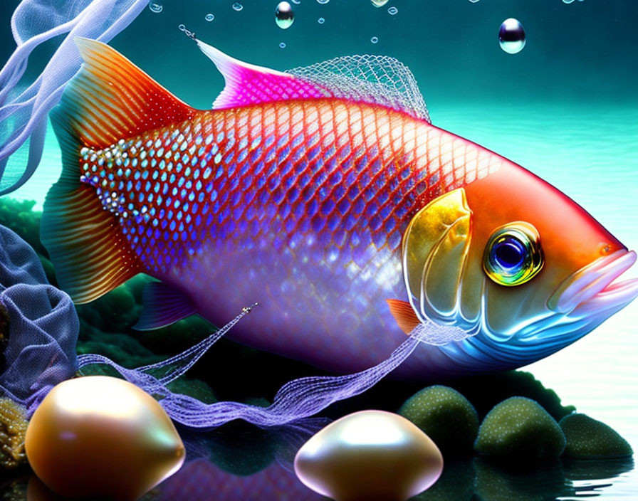 Colorful digital artwork: Red and orange fish swimming among bubbles, golden eggs, and blue-violet