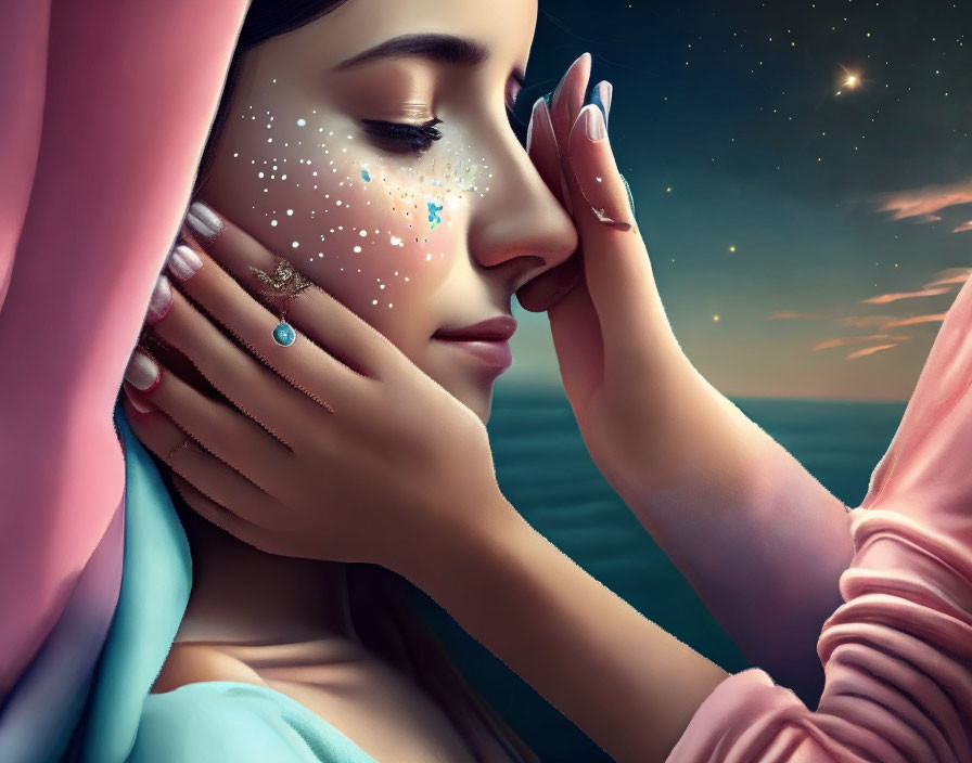 Close-up digital artwork: Woman with glittery tears, touching face, twilight sky backdrop