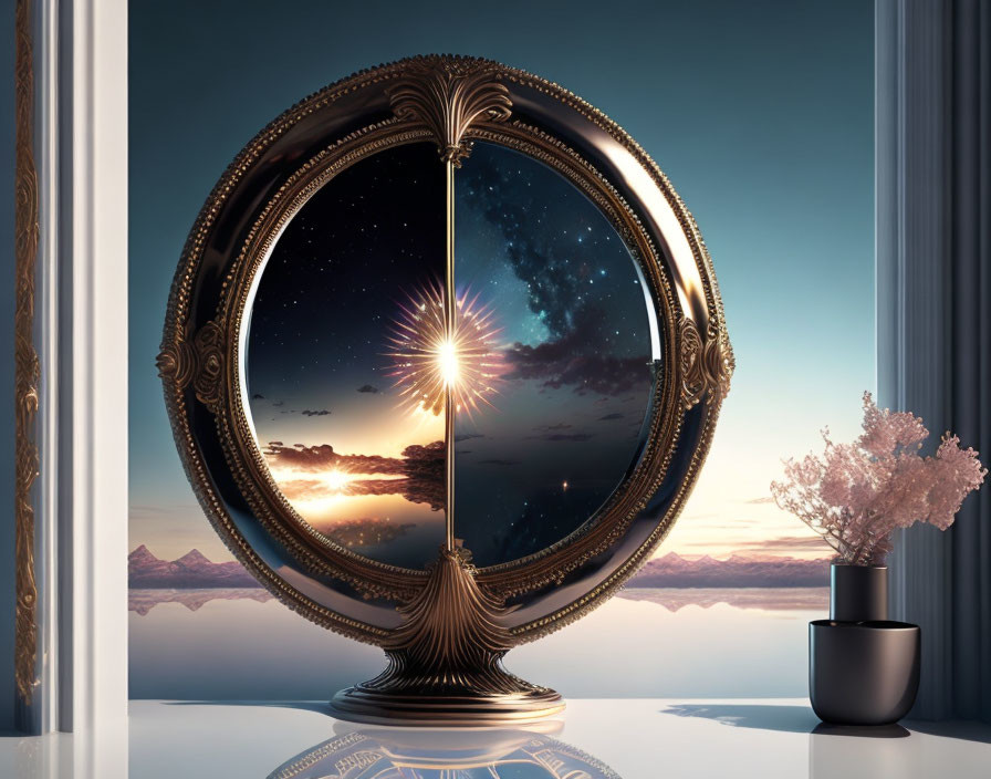 Circular mirror reflecting cosmic sunrise next to coral branch in black vase