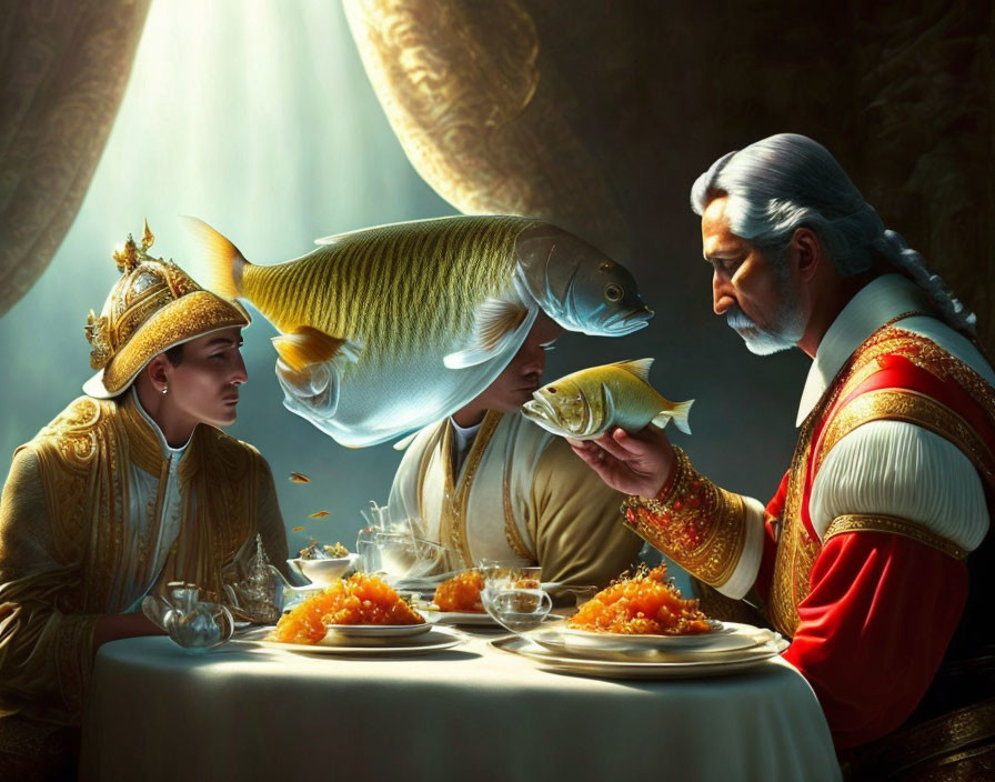 Royal individuals with oversized and smaller fish at table