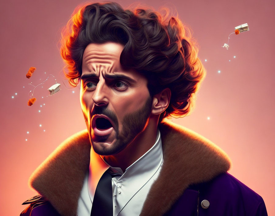 Digital artwork of surprised man with voluminous hair in purple coat with flying objects